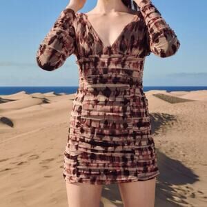 Zara Brown Draped Tulle Mini Dress | Ruched Long Sleeve V-Neck | XS